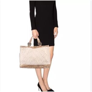 TORY BURCH Tote Bag Cable Knit METALLIC GOLD TRIM Wool Silk Lining Horse READ!
